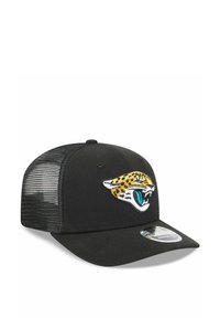 Schwarze Mütze mit starrem Schirm, mit einem in Gelb und Türkis gestickten Jaguar-Logo auf der Vorderseite, Netzrücken für Belüftung.