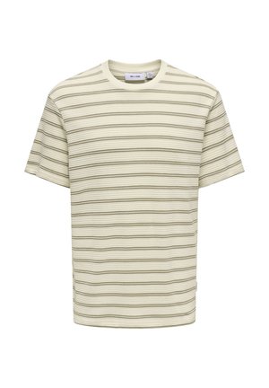 Gestreiftes T-Shirt in Hellgrün und Creme, aus weicher Baumwolle gefertigt. verfügt über kurze Ärmel, einen Rundhalsausschnitt und eine lockere Passform mit einem strukturierten Muster.