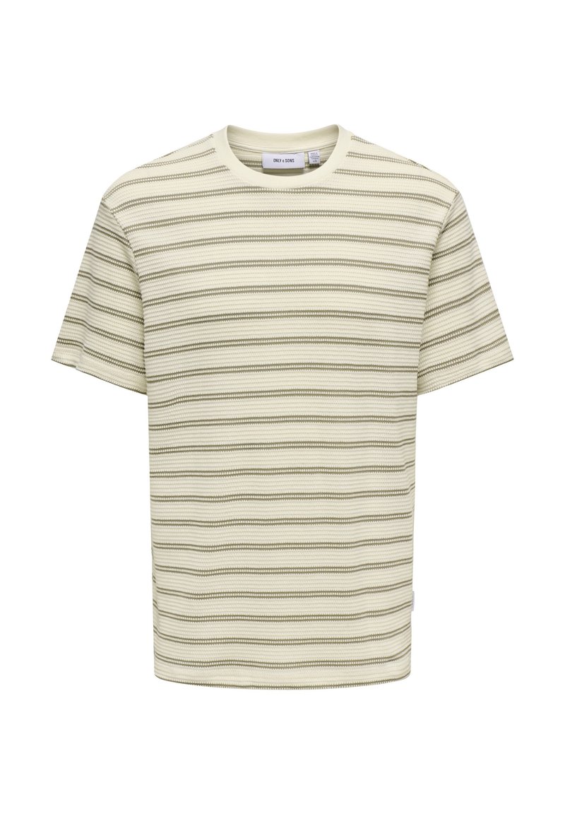 Camiseta a rayas en verde claro y crema, confeccionada en suave algodón. Presenta mangas cortas, cuello redondo y un corte relajado con un patrón texturizado.