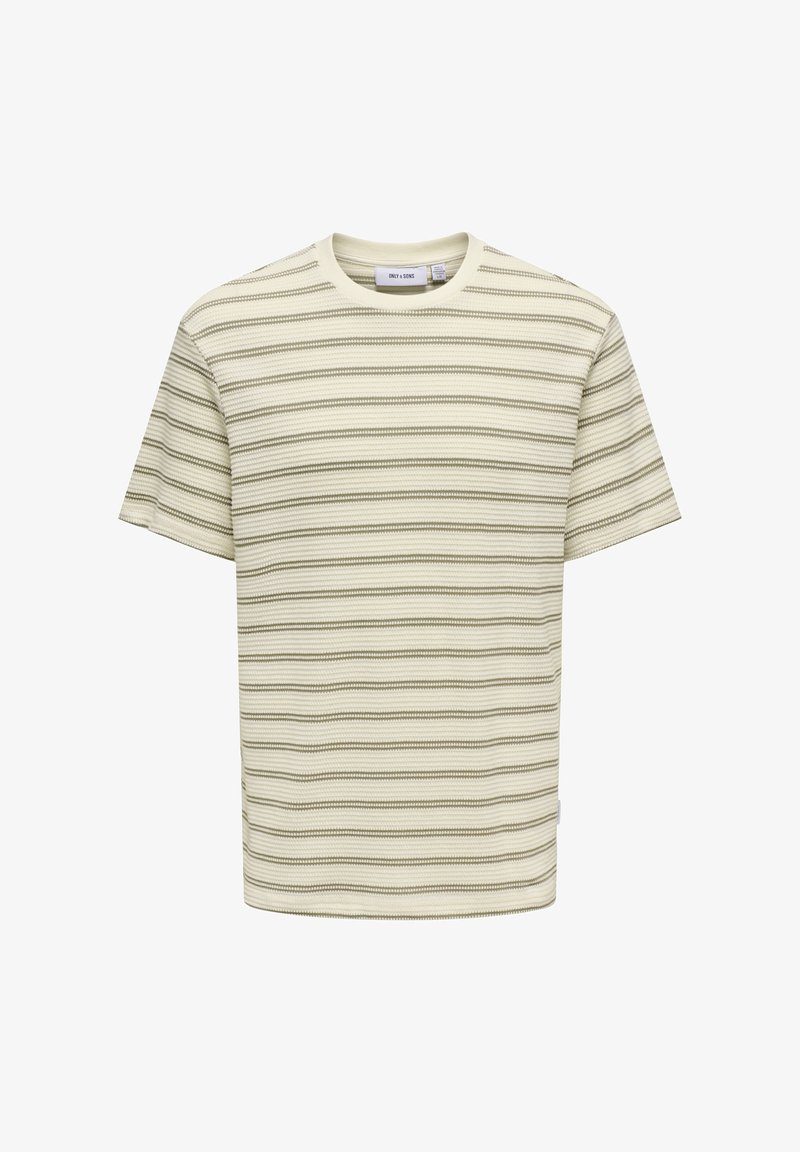 Camiseta a rayas en verde claro y crema, confeccionada en suave algodón. Presenta mangas cortas, cuello redondo y un corte relajado con un patrón texturizado.