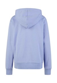 Himmelblauer Kapuzenpullover mit lässigem Schnitt. Verfügt über eine Kängurutasche, gerippte Bündchen und einen gerippten Saum. Der Stoff wirkt weich und glatt.