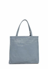 Light blue leather tote bag with a rectangular shape, smooth texture, and short handles; features subtle creases for added detail.