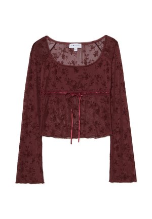Burgunderfarbene Bluse mit langen Ärmeln aus transparenter Stoff mit floralen Mustern, tailliertem Oberteil und einer Schleife in der Taille.