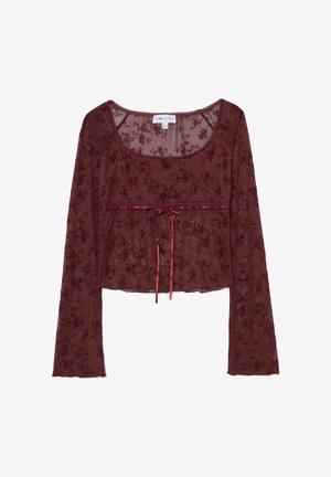 Burgunderfarbene Bluse mit langen Ärmeln aus transparenter Stoff mit floralen Mustern, tailliertem Oberteil und einer Schleife in der Taille.