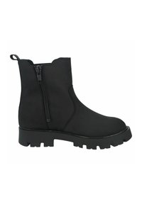 Black ankle boot featuring a smooth, water-resistant upper, side zipper, and a rugged, textured sole with a chunky appearance.