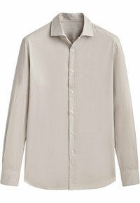 Jasnoszara, długa koszula na guziki z klasycznym kołnierzykiem, wykonana z gładkiego materiału, wyposażona w pełne zapięcie na guziki z przodu oraz zaokrąglony dół.
