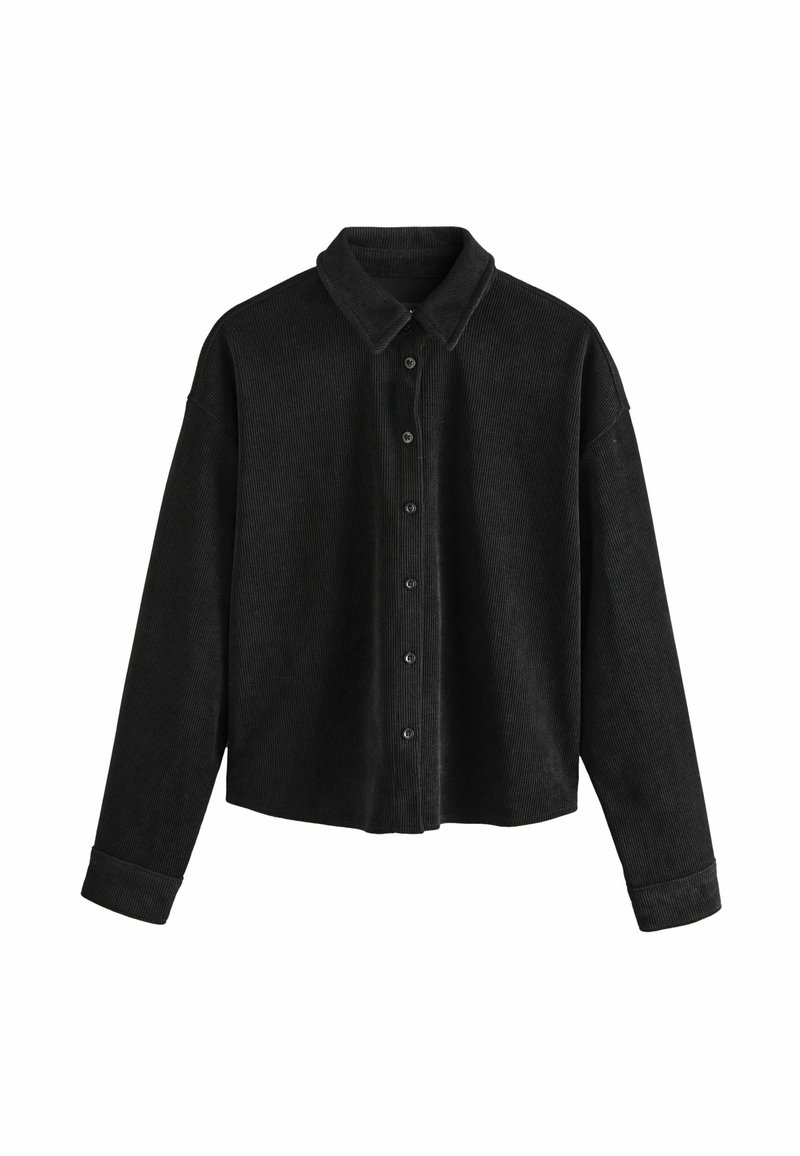 Schwarze Cordhemdjacke mit Kragen, Knopfleiste vorne und langen Ärmeln, verfügt über ein entspanntes, kurz geschnittenes Design.