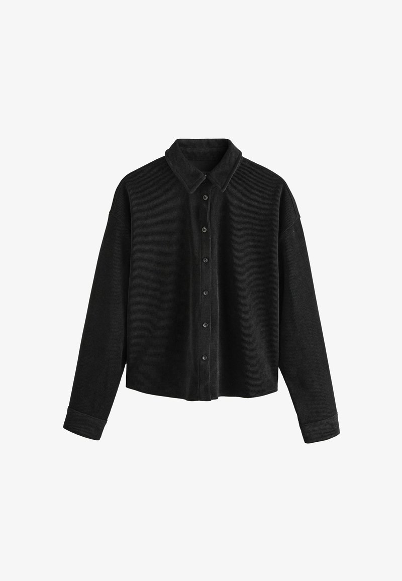 Schwarze Cordhemdjacke mit Kragen, Knopfleiste vorne und langen Ärmeln, verfügt über ein entspanntes, kurz geschnittenes Design.