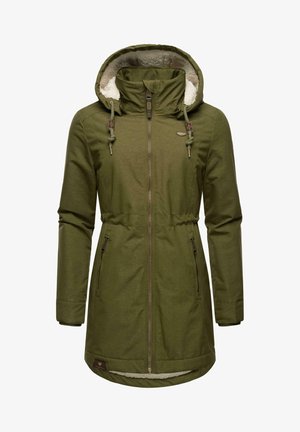Olive green parka jacket with a fur-lined hood, full front zipper, side pockets, and drawstring accents at the hood and waist.