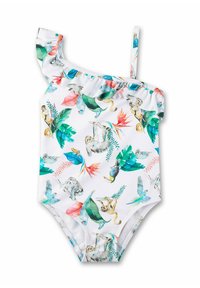 Maillot de bain une pièce blanc avec un motif mixte d'animaux et de plantes tropicaux, manche à volants et fine bretelle pour le soutien.