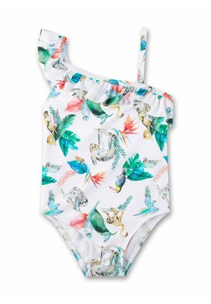 Maillot de bain une pièce blanc avec un motif mixte d'animaux et de plantes tropicaux, manche à volants et fine bretelle pour le soutien.
