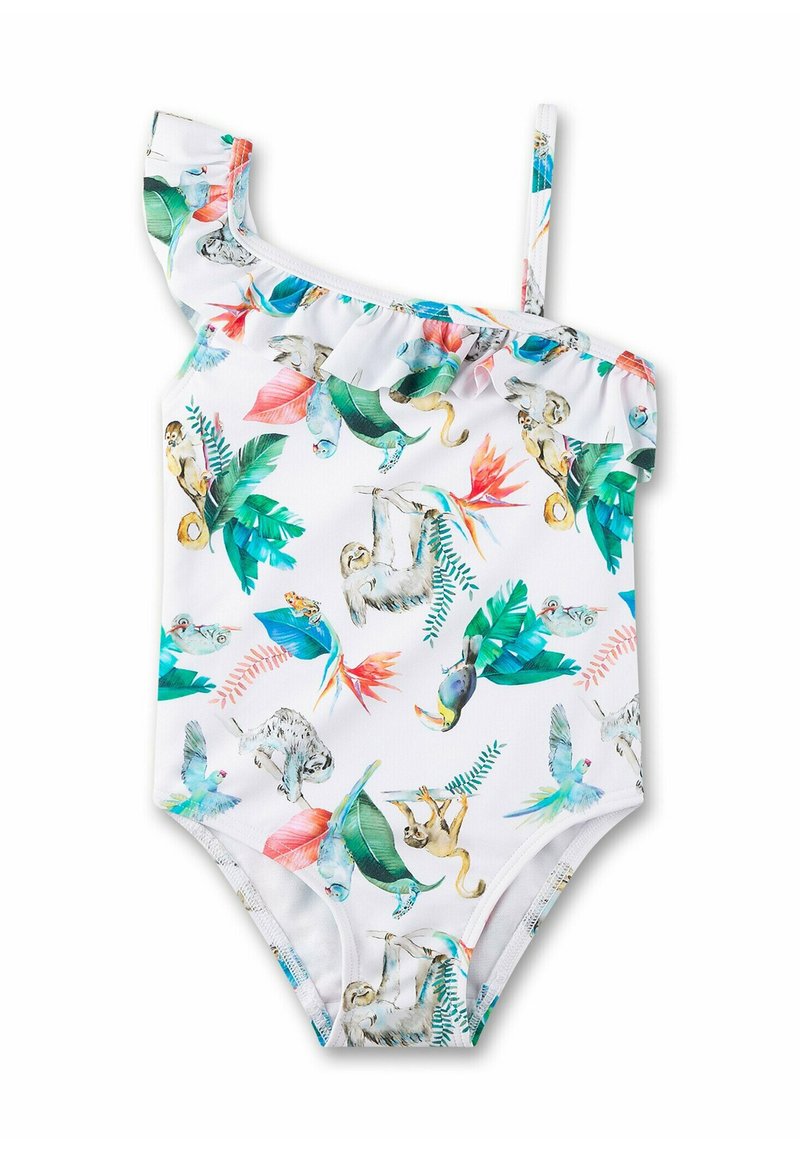 Maillot de bain une pièce blanc avec un motif mixte d'animaux et de plantes tropicaux, manche à volants et fine bretelle pour le soutien.