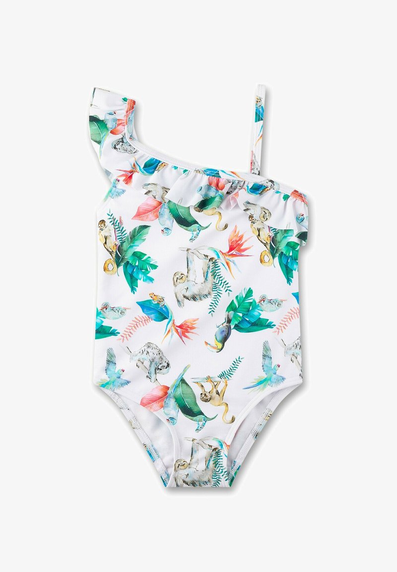Weißer Einteiler-Badeanzug mit einem gemischten tropischen Tier- und Pflanzenmuster, Rüschen an den Schultern und dünnen Trägern zur Unterstützung.