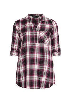 Langarm-Hemd mit Karomuster in einer Mischung aus Schwarz, Weiß, Grau und Rosa, mit einer Brusttasche und hochrollbaren Ärmeln. Aus Baumwollmaterial.