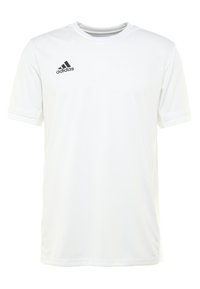 T-shirt atletico bianco realizzato in tessuto leggero. Presenta maniche corte, scollatura a girocollo e un logo Adidas nero sul lato sinistro del petto.
