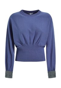 Long-sleeve purple sweater with ribbed waist and cuffs, featuring contrasting silver-gray textured cuff details.