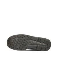 Black rubber shoe sole with textured tread pattern, featuring a translucent section in the midsole. Durable and robust design.