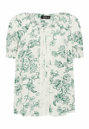 Weiße Bluse mit kurzen Ärmeln und grünem Blumenmuster, gerafftem Ausschnitt und vertikaler Spitzenverzierung in der Mitte vorne.