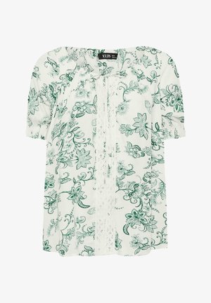 Blusa bianca a maniche corte con stampa floreale verde, scollo arricciato e dettaglio verticale in pizzo al centro davanti.