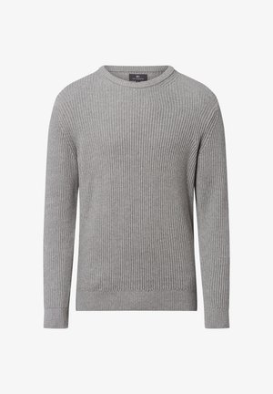 Pull gris à côtes avec des manches longues et un col ras du cou. Présente un motif de tricot texturé et des bords côtelés aux poignets et à l'ourlet.