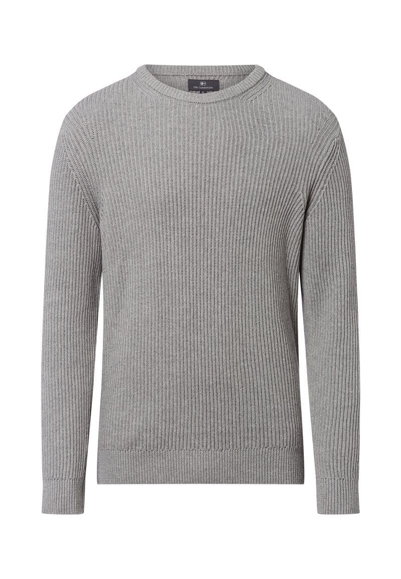Grauer gerippter Pullover mit langen Ärmeln und Rundhalsausschnitt. Verfügt über ein strukturiertes Strickmuster sowie gerippte Bündchen und Saum.