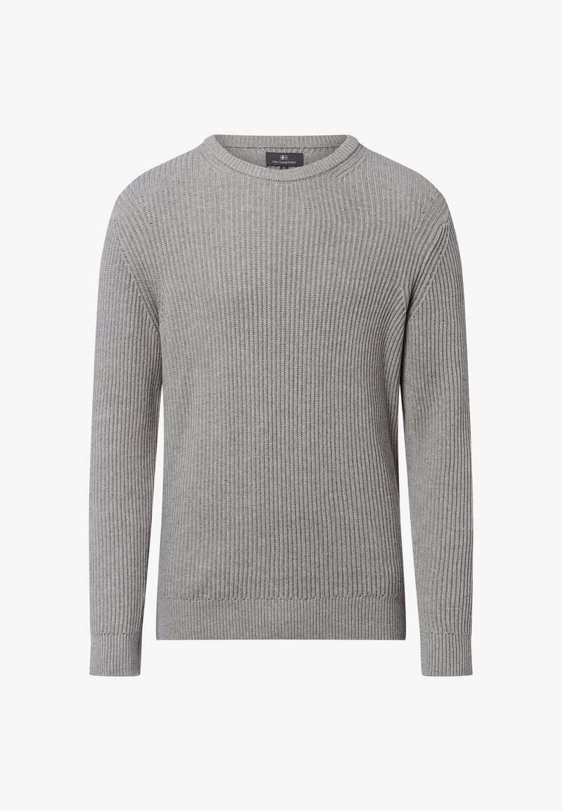 Pull gris à côtes avec des manches longues et un col ras du cou. Présente un motif de tricot texturé et des bords côtelés aux poignets et à l'ourlet.