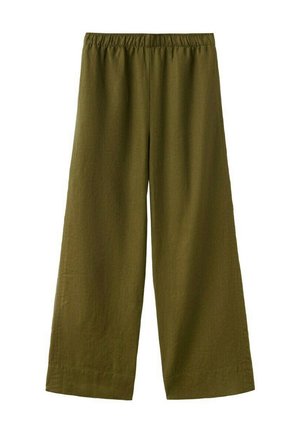 Pantaloni verde oliva a gamba larga con vita elasticizzata, realizzati in tessuto leggero.
