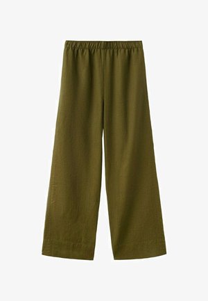 Pantalon à jambes larges vert olive avec ceinture élastique, fabriqué en tissu léger.