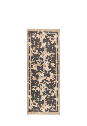 Rechteckiger beige-schwarzer Schal mit floralem Muster und dem Schriftzug „Marc O’Polo“ diagonal in Kursivschrift über die Mitte, mit Fransen an den Rändern.