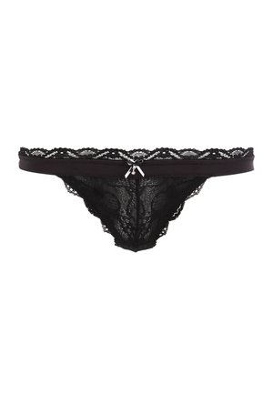Zwarte kanten string met golvende randen, decoratieve strik aan de voorkant, doorschijnende textuur en bloemmotief. Dunne tailleband voor minimale bedekking.