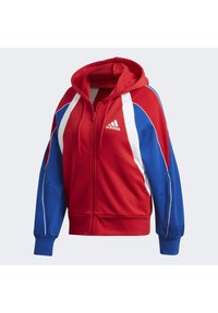 Sudadera con cremallera en rojo y azul, que presenta una capucha, franjas blancas y un logo de adidas en el pecho; hecha de un tejido suave con puños acanalados.
