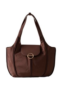 Brown textured shoulder bag with wide straps, a front flap, and a gold circular clasp detail.