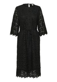 Black lace dress with short sleeves, floral pattern, cinched waist with a drawstring, and a knee-length silhouette. Rounded neckline.