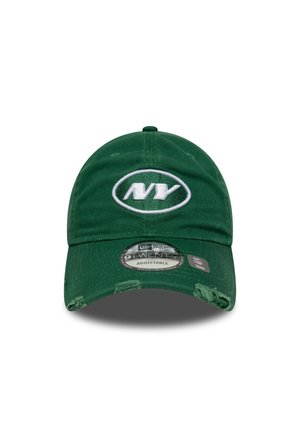 Casquette de baseball en coton vert avec une sangle ajustable, ornée d'un logo brodé blanc en forme ovale et de détails usés sur le bord.