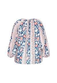Multifarvet bluse med blomster- og prikmønstre, der har en indsnævret halsudskæring, puffede ærmer og en afslappet pasform.