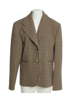 Bruine en beige geruite blazer met twee knopen en een ingesneden revers, tentoongesteld op een wit mannequintorso.