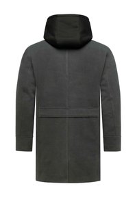 Tumši pelēks mētelis ar melnu kapuci, ar minimālistisku dizainu, teksturētu audumu, garām piedurknēm un muguras šuvju detaļām.