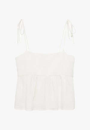 Top sans manches blanc avec des liens ajustables, présentant un corsage texturé et un ourlet évasé et plissé pour une coupe ample.