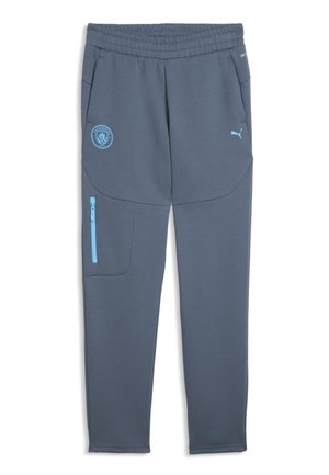 Blauwgrijze sportbroek met elastische tailleband, zijritsvak, Manchester City-logo op de linker dij en Puma-logo op de rechter dij.