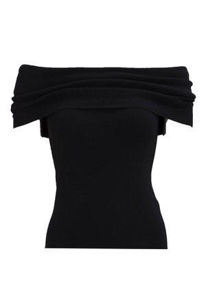 Zwarte off-shoulder top van ribstof, met een aansluitende silhouet en een gedrapeerde halslijn. Geen patronen of accenten zichtbaar.