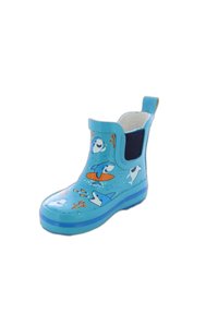 Bottes de pluie en caoutchouc bleu avec des illustrations de requins, panneau latéral élastique, semelle texturée et une languette à l'arrière pour un enfilage facile.