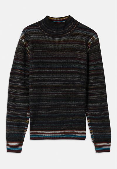 Maglione lavorato a maglia in tonalità scure con strisce orizzontali multicolori. Presenta un collare alto e una costina a contrasto sui polsini e sull'orlo.