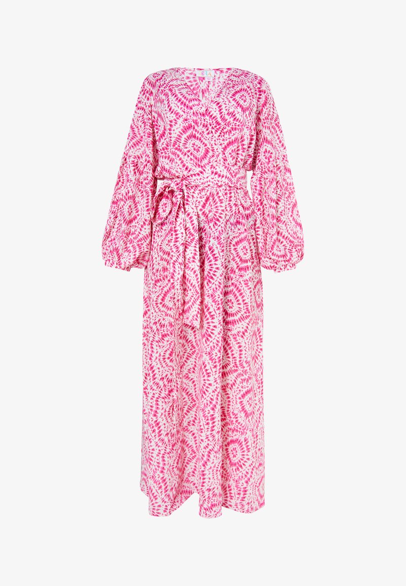 Maxi ruha könnyű anyagból, rózsaszín és fehér virágmintával, V-nyakkivágással, hosszú puffos ujjak, és megkötős derék a formáért.