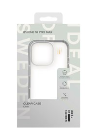 Clear case for iPhone 16 Pro Max, made of transparent material, featuring a slim design and protective edges, packaged in minimalistic box.