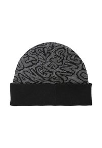 Berretto lavorato a maglia nero e grigio con risvolto e motivo astratto di lettere e forme sovrapposte.
