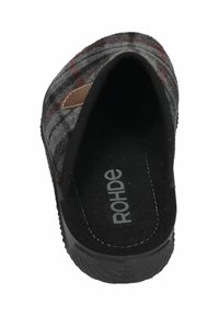 Gray wool slip-on shoe featuring a black rubber sole, brown leather accent, and a soft black insole with "ROHDE" branding.