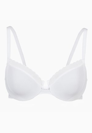 Reggiseno bianco con ferretto, caratterizzato da coppe modellate lisce, dettagli in pizzo ondulato lungo il bordo superiore e spalline regolabili.