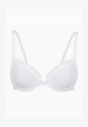 Reggiseno bianco con ferretto, caratterizzato da coppe modellate lisce, dettagli in pizzo ondulato lungo il bordo superiore e spalline regolabili.
