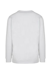 T-shirt bianco a maniche lunghe con collo rotondo, realizzato in cotone morbido. Presenta cuciture dritte e polsini a costine. Design pulito e minimalista.