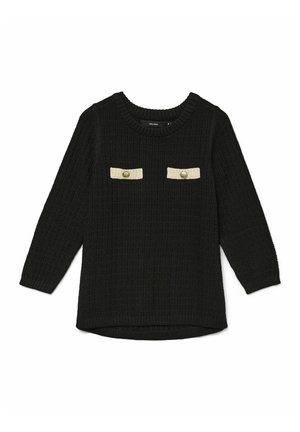 Schwarzer Strickpullover mit rundem Hals, langen Ärmeln, zwei beigefarbenen Stofftaschen mit Knopfakzenten und einem leicht abgerundeten Saum.